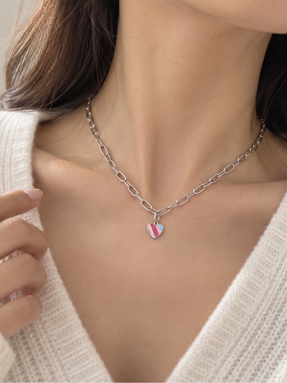 Chain Necklace with Pink & Blue Heart Pendant